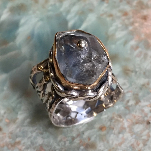Rutilated quartz ring, two tone ring, gypsy ring, silver Gold engagement ring, net ring, boho ring, wide silver ring - Take me there R2441