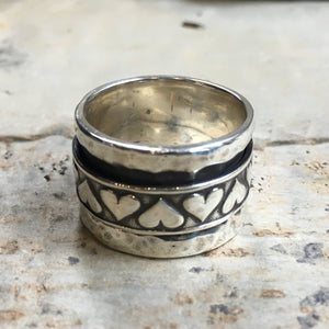 Silver hearts ring, Meditation spinner ring, thumb ring, wedding band, rustic ring, rustic silver band, promise ring - Heartbreaker R2444