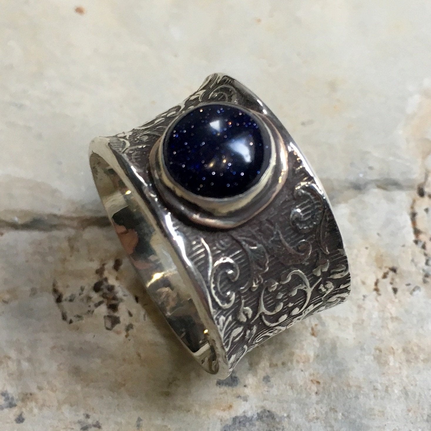 Blue goldstone Silver gold ring