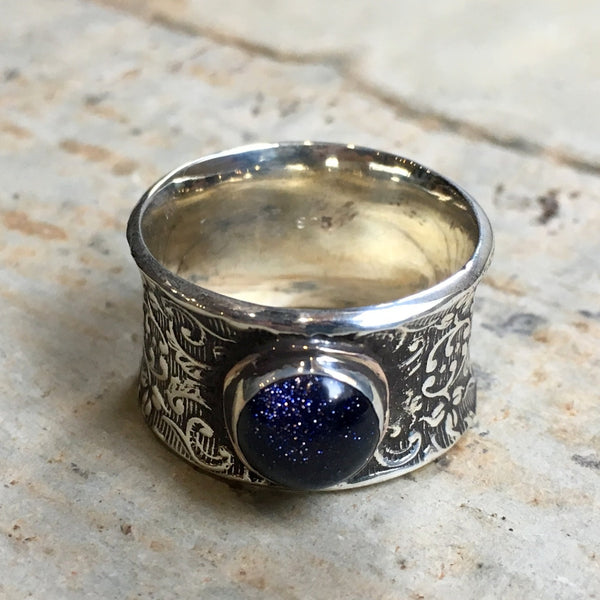Blue goldstone Boho Silver ring