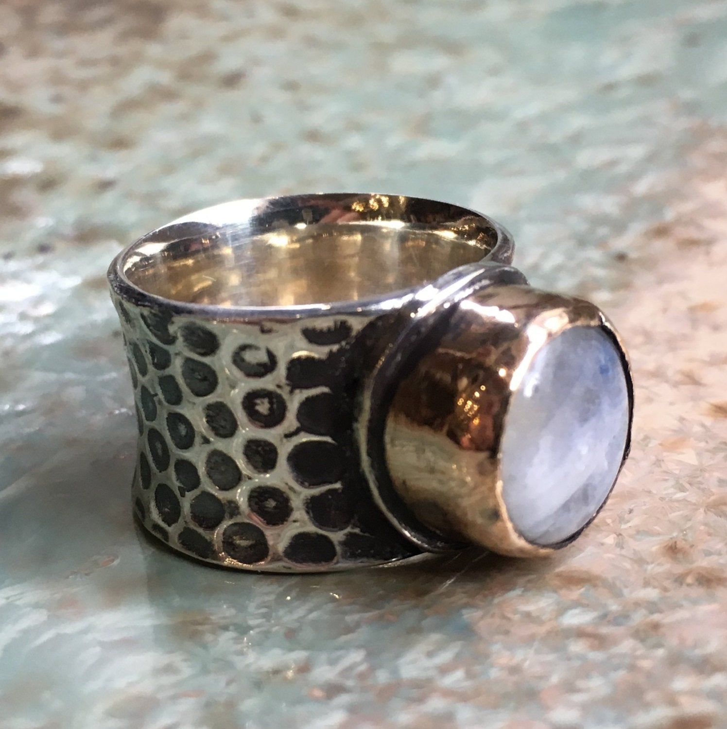 Moonstone ring, Silver gold Engagement ring, stone ring, two tone ring, rustic ring, moonstone ring, boho chic ring - moonlight eyes R2446
