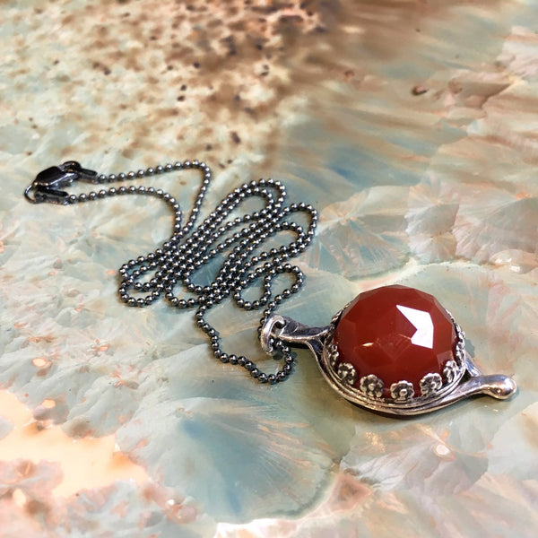 Carnelian necklace, floral necklace, silver pendant, floral necklace, rustic orange gemstone necklace, botanical jewelry - Unique love N2065