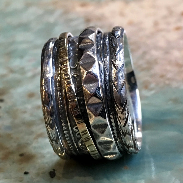 Silver wedding ring, wide band, silver brass ring, spinners ring, Twotone ring, floral band, gypsy ring, unisex band- We believe R2451