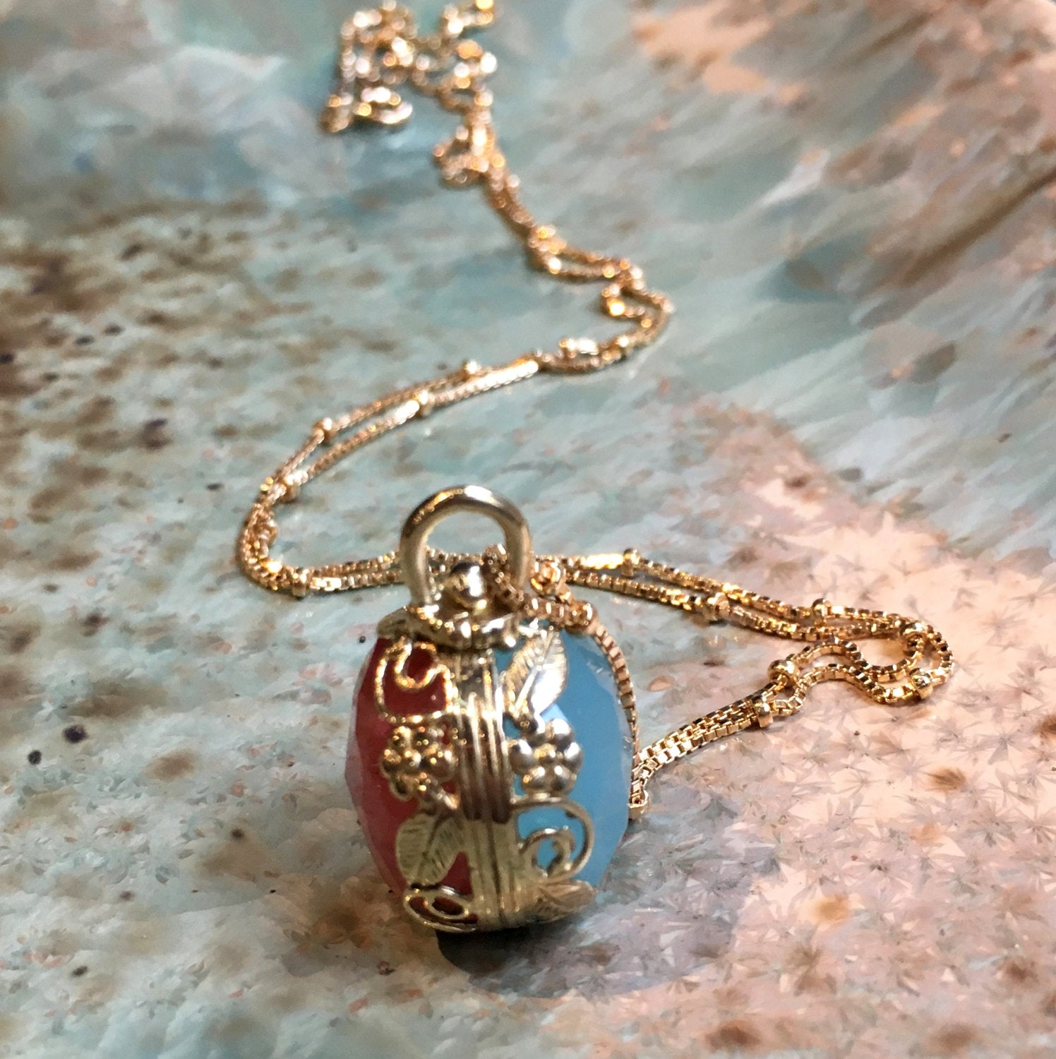 Jade pendant, Cherry quartz pendant, Golden brass necklace, birthstone pendant, boho two sides pendant, floral necklace - Neverland NK2000-4
