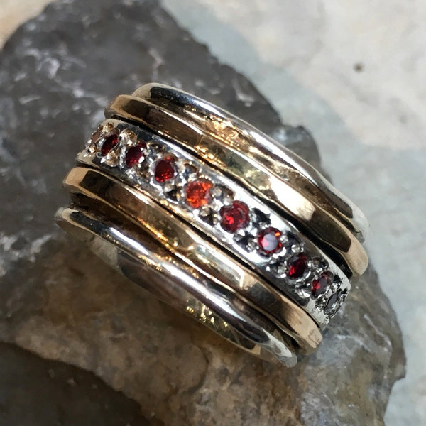 Garnets ring, Meditation Ring, silver band, stacking spinner ring, gold filled ring, wide silver ring, wedding ring - Ruby Tuesday R1075L-7