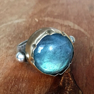 Labradorite Ring, blue gemstone ring, sterling silver gold ring, two-tones ring, Statement ring, high stone ring - Lost in your eyes R1289C