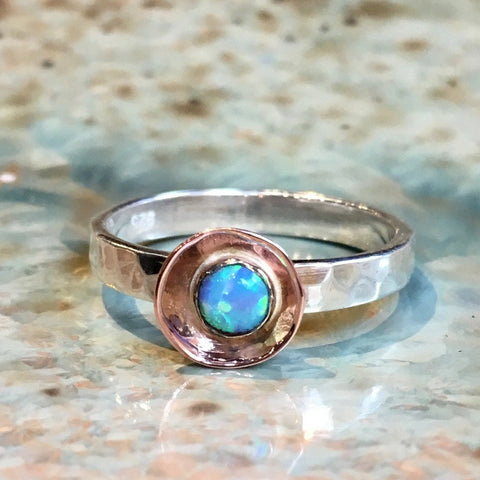 Opal Ring, stacking ring, hammered silver gold ring, two tones ring, alternative engagement ring, boho birthstone ring - Delicate R2491