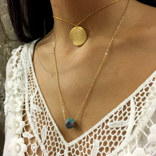 Choker gold necklace, Minimalist necklace, Layering Necklace, gold disc necklace, simple necklace, round gold pendant, boho chic - AFN 111GL