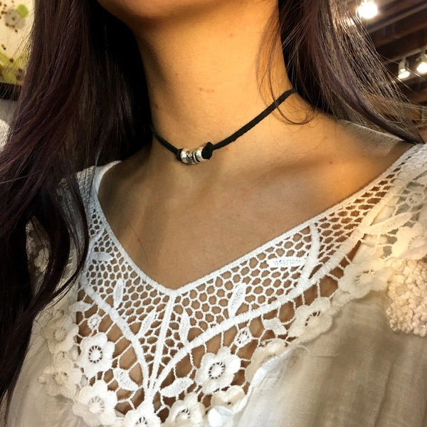 Suede Choker, Minimalist necklace, silver tube pendant, simple necklace, Layering Necklace, wrap bracelet, silver bead - AFN 126