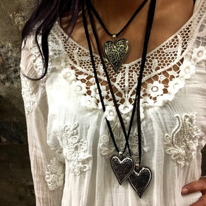 Valentines heart necklace, brass heart Choker, Large heart pendant, filigree necklace, Long suede Necklace, bohemian jewelry - AFN 128