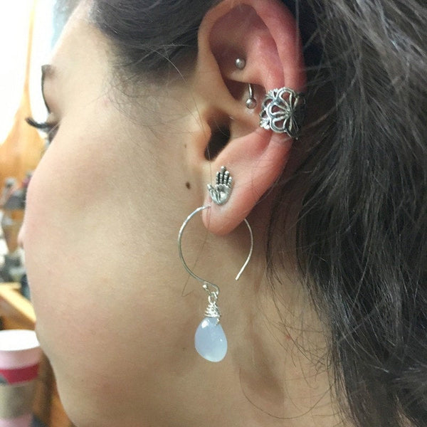 Lavender Chalcedony Earrings, Sterling silver circle hook Earrings, Dangle stone Earrings, wire wrap silver Hoops, drop earrings - E8068-1