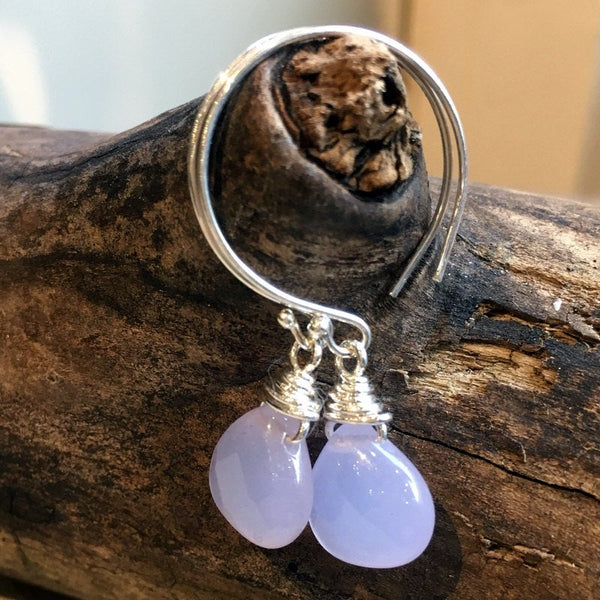 Lavender Chalcedony Earrings, Sterling silver circle hook Earrings, Dangle stone Earrings, wire wrap silver Hoops, drop earrings - E8068-1