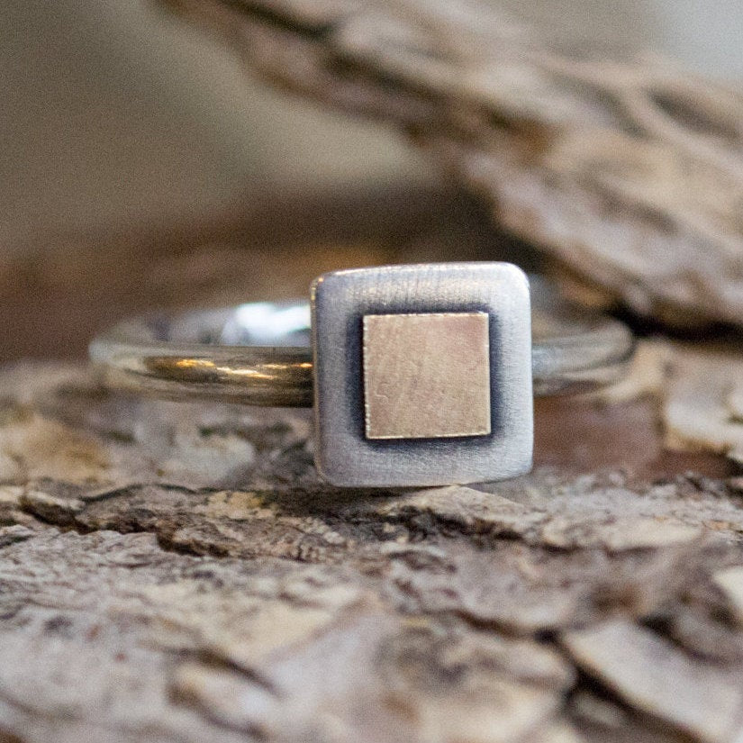 Stacking ring, Silver gold ring, Square ring, Mixed Metals Ring, two tones ring, boho ring, dainty ring, delicate ring - Must know R1382B