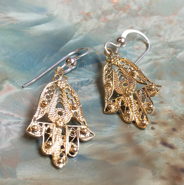 Hamsa hand Earrings, drop earrings, Sterling silver brass Earrings, Dangle hamsa Earrings, dainty earrings, filigree hamsa earrings - E8078