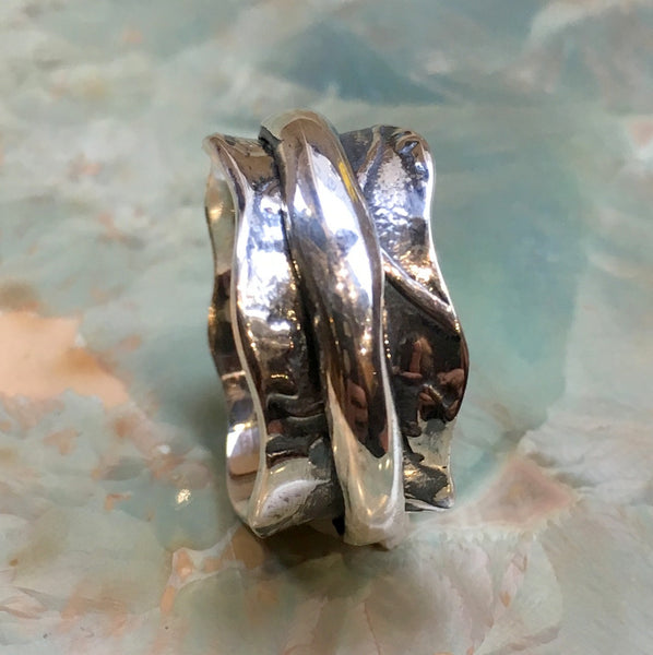Silver spinner ring, botanical ring, leaves ring, Wedding band, Sterling silver band, meditation ring, Rustic ring, gift  - Feeling R2458