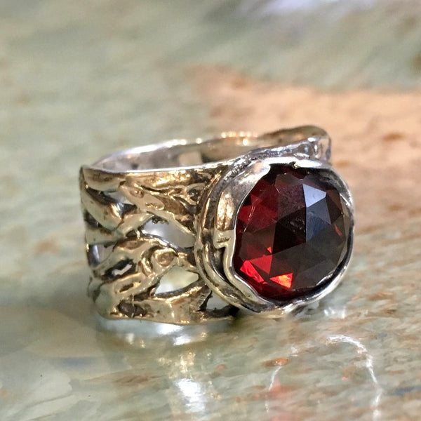 Garnet ring, Silver engagement ring, boho ring, wide silver ring, unique engagement ring for her, gypsy ring, casual - Endless love R2153S