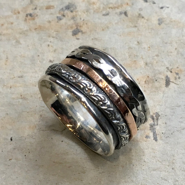 Spinner ring, Silver gold ring, wedding band, stacking rings, gold silver ring, boho ring, Mens band, unisex ring - Hidden Place R2459