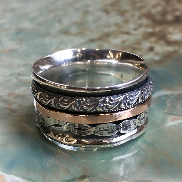 Spinner ring, Silver gold ring, wedding band, stacking rings, gold silver ring, boho ring, Mens band, unisex ring - Hidden Place R2459