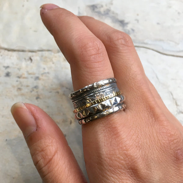 Sterling silver band, woodland meditation band, silver gold ring, wedding band,stacking ring, oxidized silver - Mantra R2460