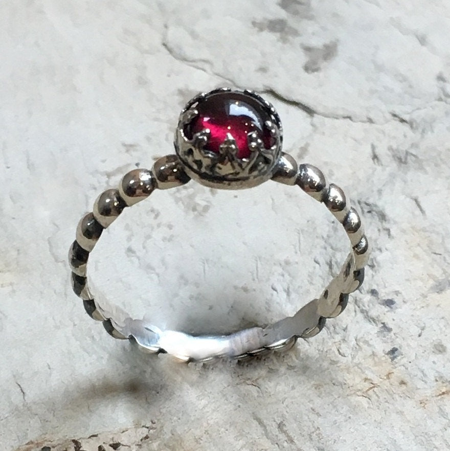 Skinny stacking ring, Silver Garnet ring, birthstone ring, January birthstone ring, silver crown ring, Dainty ring - Keep It Together R2465