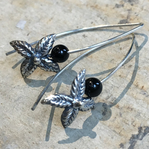 Black onyx botanical hook earrings