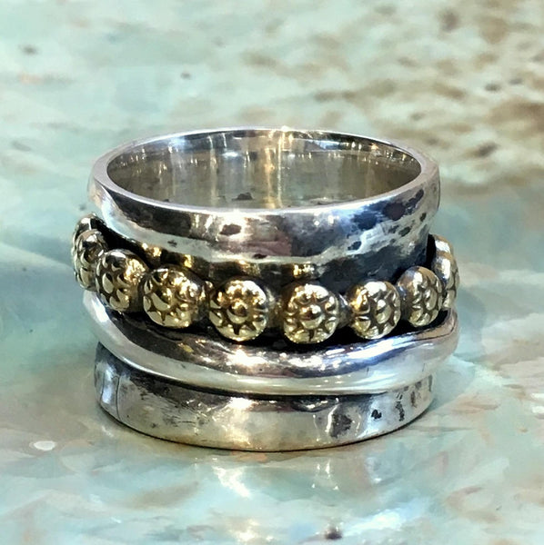 Wide Silver band, unique silver ring, silver spinner ring, silver gold band, flower ring, fidget ring, boho ring - The Same Moon R2496