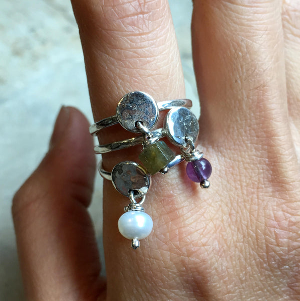 Pearl ring, dangle birthstone ring, mothers ring, stacking ring, personalised ring, family stones ring, june ring - Your Colors R2499-2