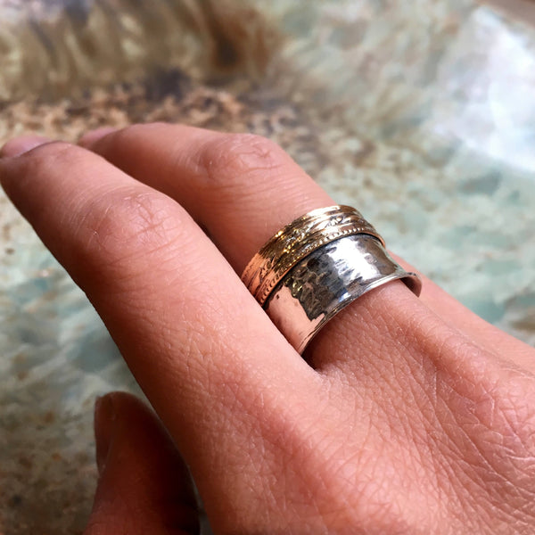 Two toned Wide band, sterling silver ring,  hammered silver band, yellow gold lace, unisex ring, silver gold band - Another Story R2506