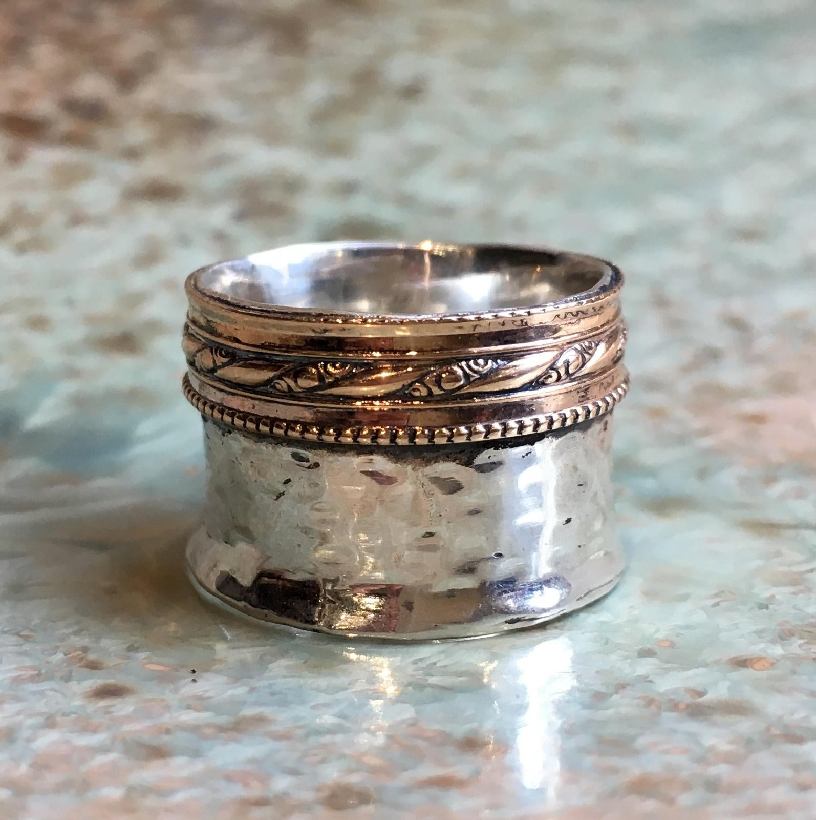 Two toned Wide band, sterling silver ring,  hammered silver band, yellow gold lace, unisex ring, silver gold band - Another Story R2506