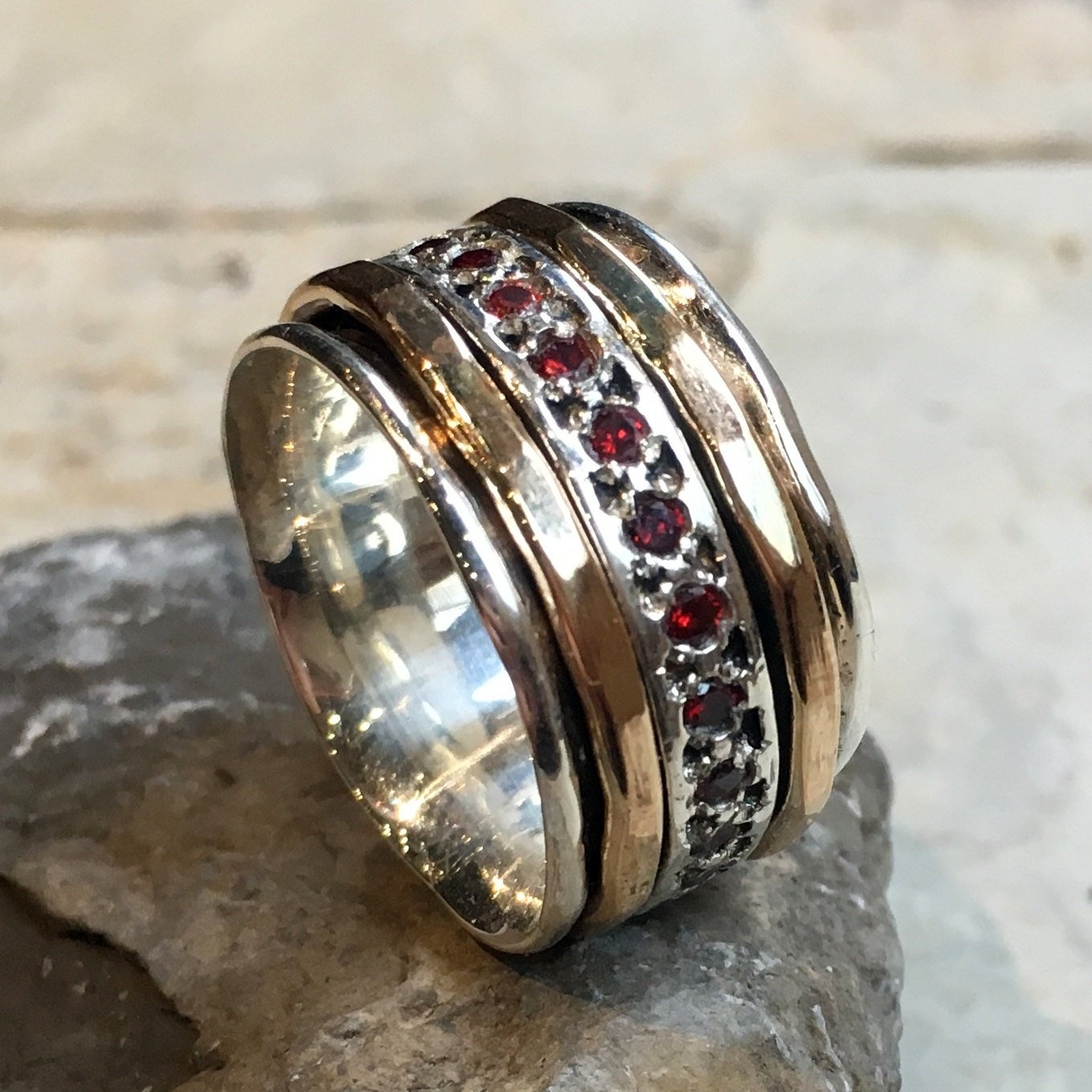 Garnets ring, Meditation Ring, silver band, stacking spinner ring, gold filled ring, wide silver ring, wedding ring - Ruby Tuesday R1075L-7