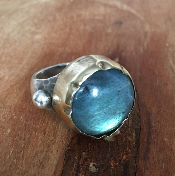 Labradorite Ring, blue gemstone ring, sterling silver gold ring, two-tones ring, Statement ring, high stone ring - Lost in your eyes R1289C