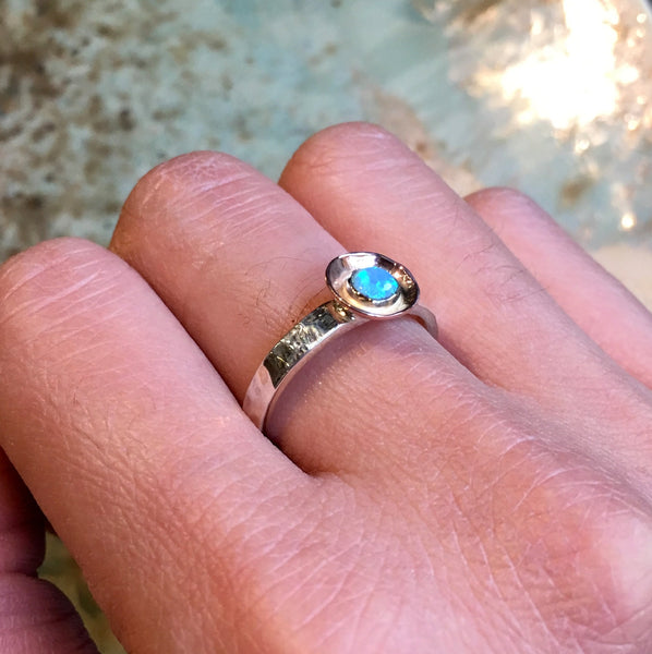 Opal Ring, stacking ring, hammered silver gold ring, two tones ring, alternative engagement ring, boho birthstone ring - Delicate R2491