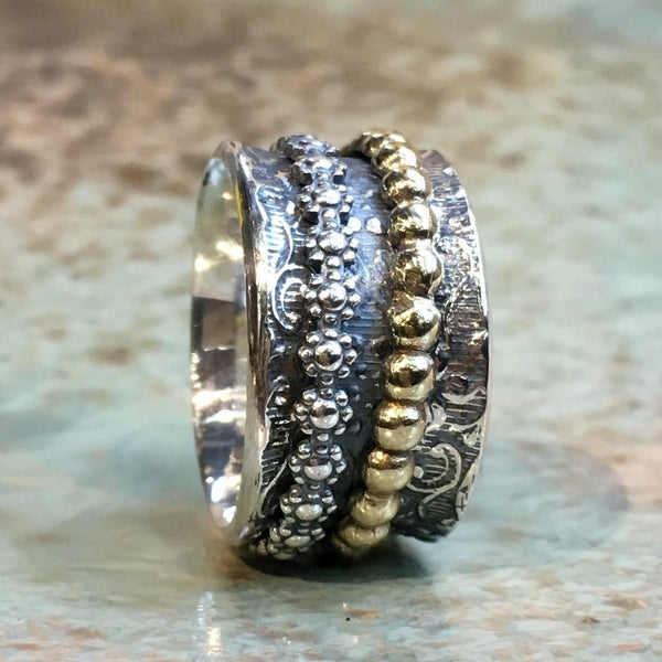 Sterling silver brass ring, spinner ring, Wide ring, two tones ring, unisex band, meditation ring, Wedding band - This Must Be Love R2494