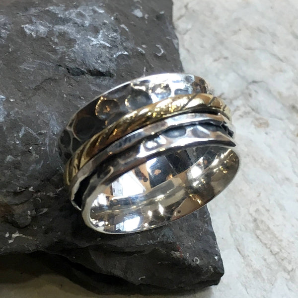 Silver wedding band, bohemian spinner ring, anxiety ring, boho ring, two toned ring, gypsy ring, unisex wide band - One More Night R2495
