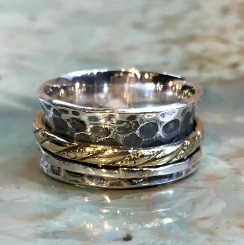 Silver wedding band, bohemian spinner ring, anxiety ring, boho ring, two toned ring, gypsy ring, unisex wide band - One More Night R2495