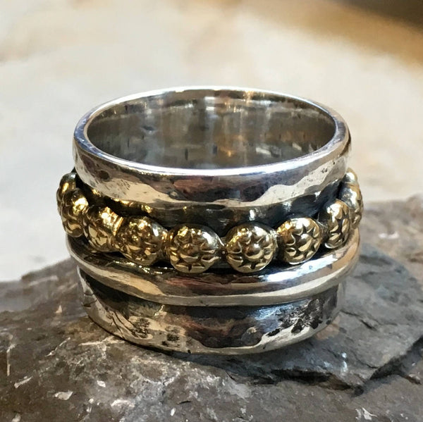 Wide Silver band, unique silver ring, silver spinner ring, silver gold band, flower ring, fidget ring, boho ring - The Same Moon R2496