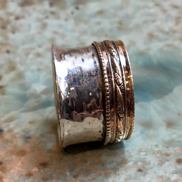 Two toned Wide band, sterling silver ring,  hammered silver band, yellow gold lace, unisex ring, silver gold band - Another Story R2506