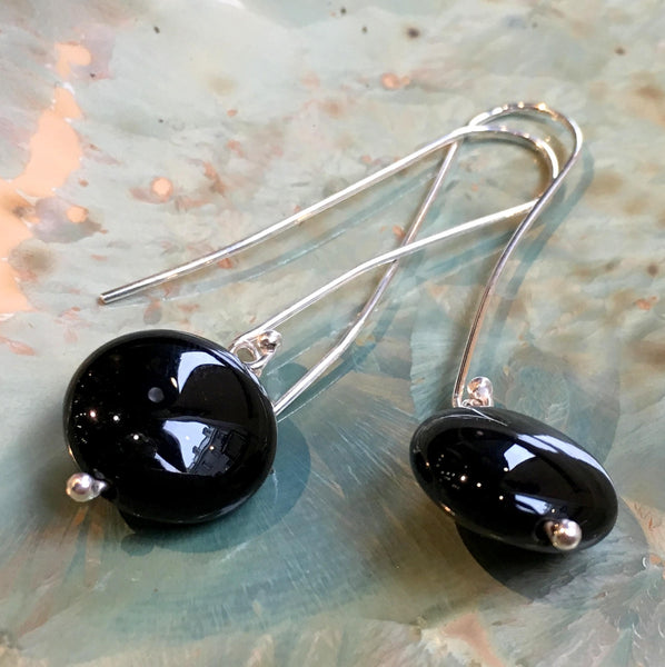Sterling silver onyx Earrings, Dangle stone Earrings, Long silver Earrings, drop earrings, filigree earrings, casual earrings - Dark E8079