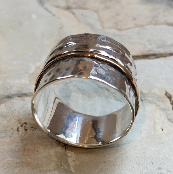 Two toned Wide band, sterling silver ring, hammered band, asymmetric ring, unisex ring, silver gold ring, boho ring - Another place R2510