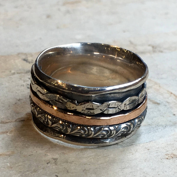 Meditation Ring, silver gold band, unisex ring, stacking spinner ring, wide silver ring, mens wedding ring - Rolling like thunder - R2511