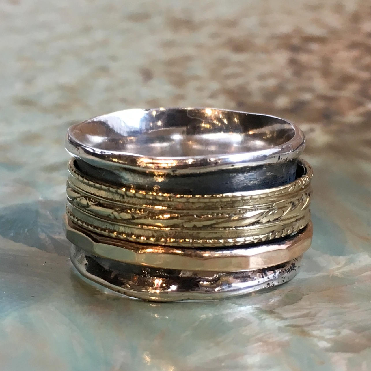 Stacking spinner ring, Meditation Ring, silver gold band, unisex ring, wide silver ring, Matching wedding ring - All of Me loves you R2515