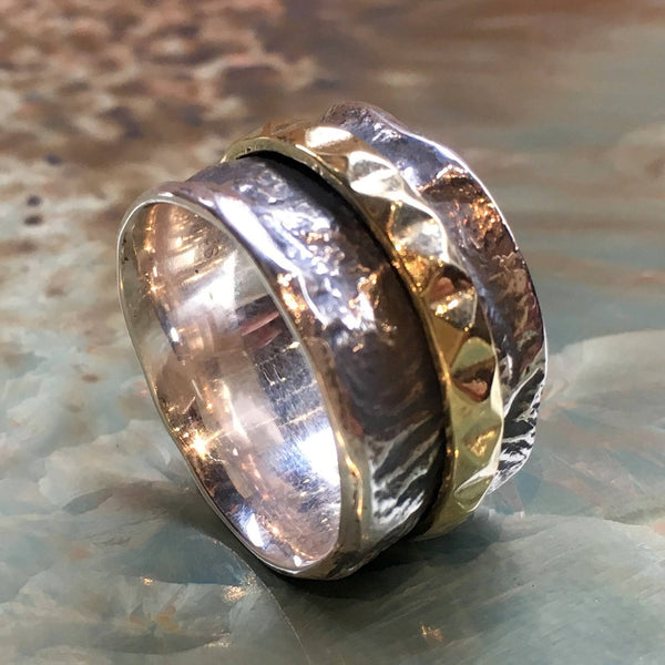 Rustic silver band, Unisex band, two tone ring, wide thumb ring, mens meditation ring, wide band, brass spinner ring - Mystery ride R2517
