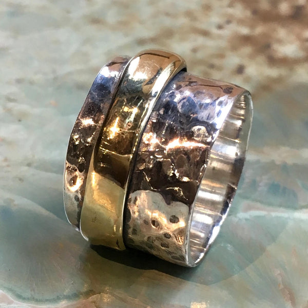 Rustic silver band, Unisex band, two tone ring, wide thumb ring, mens ring, wide band, brass fixed spinner ring - Your edges R2520