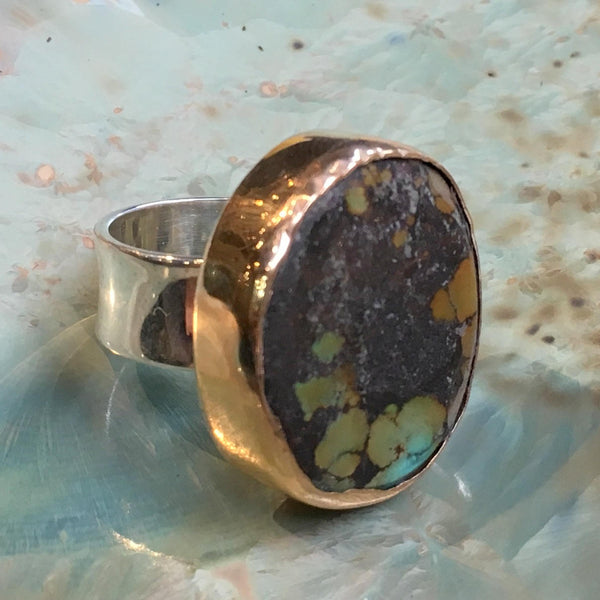 Large turquoise ring, Sterling silver gold ring, gemstone ring, oval turquoise ring, OOAK statement ring, cocktail ring - Calm heart R2528