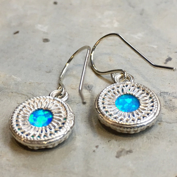Silver opal earrings, blue stone earrings, crown earrings,boho Dangle earrings, casual earrings, Small gemstone earrings - A Spark E8060