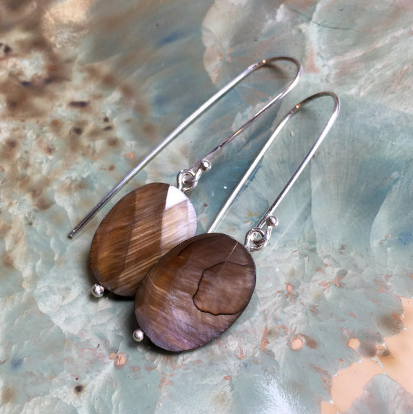 Sterling silver brown agate Earrings, Dangle earrings, oval stone Earrings, Long Earrings, drop earrings, casual earrings - Soft spot E8082