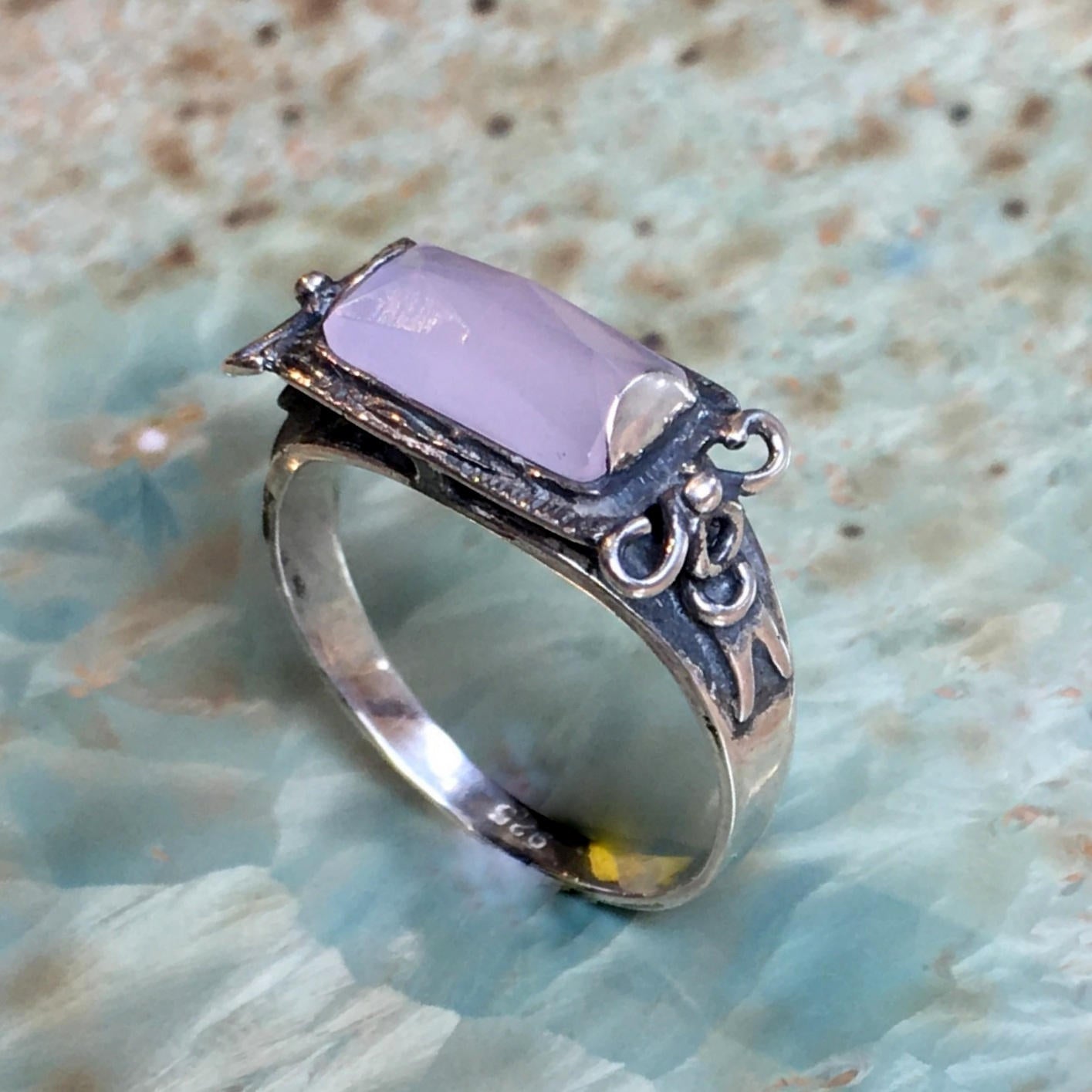 Sterling silver ring, rose quartz ring, gemstone ring, delicate silver ring, stone ring, rectangle stone ring - The sky is the limit R1400