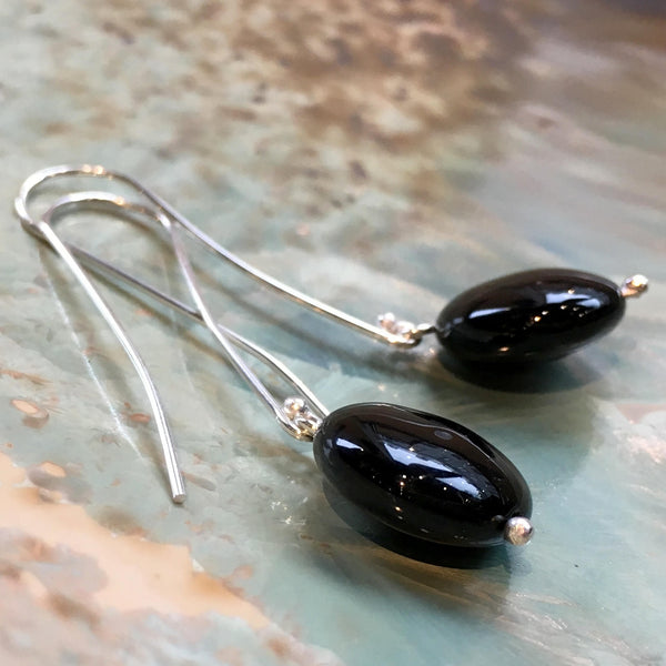 Sterling silver onyx Earrings, Dangle stone Earrings, Long silver Earrings, drop earrings, filigree earrings, casual earrings - Dark E8079