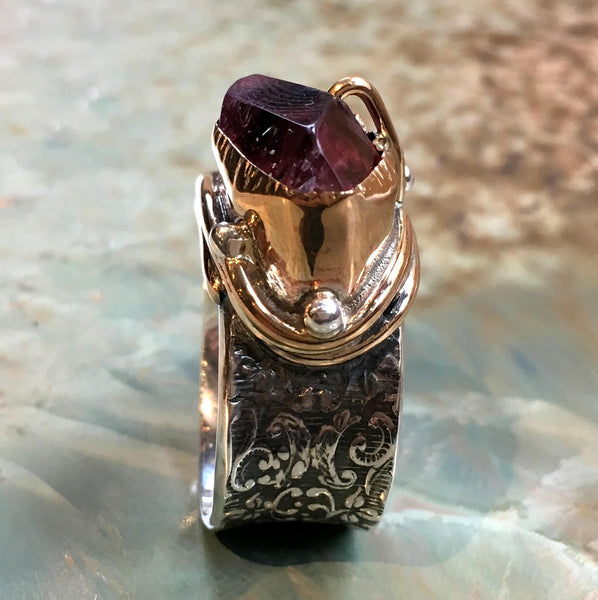 Pink quartz ring, organic ring, bohemian ring, Twotone ring , cocktail ring, silver gold ring, raw quartz ring, OOAK ring - One dance R2363G
