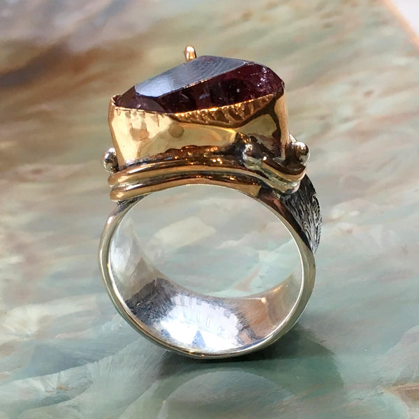 Pink quartz ring, organic ring, bohemian ring, Twotone ring , cocktail ring, silver gold ring, raw quartz ring, OOAK ring - One dance R2363G